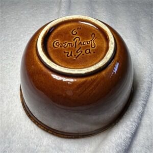 Vintage brown cream ceramic mixing bowl 6 in round ovenproof USA collectible